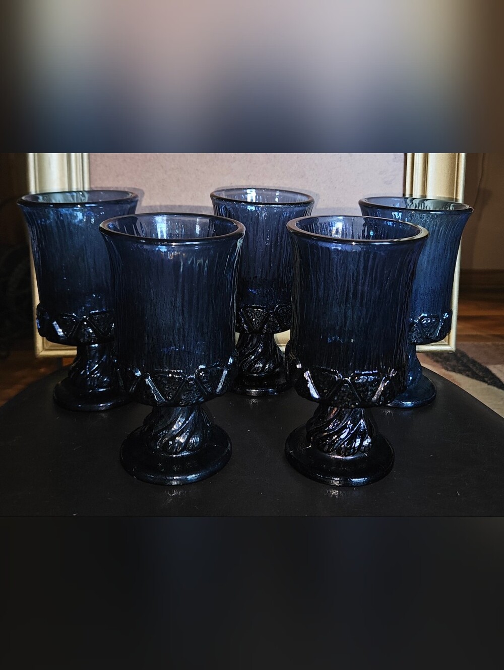 5 Vtg Fostoria Sorrento Blue Heavy Glass Goblets w Bark Texture & Twisted Stems
